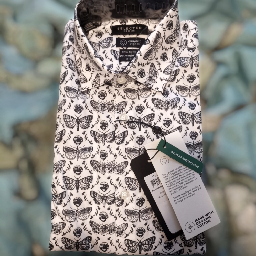 🆕Selected Homme Long Sleeve Shirt Butterfly Print NWT White